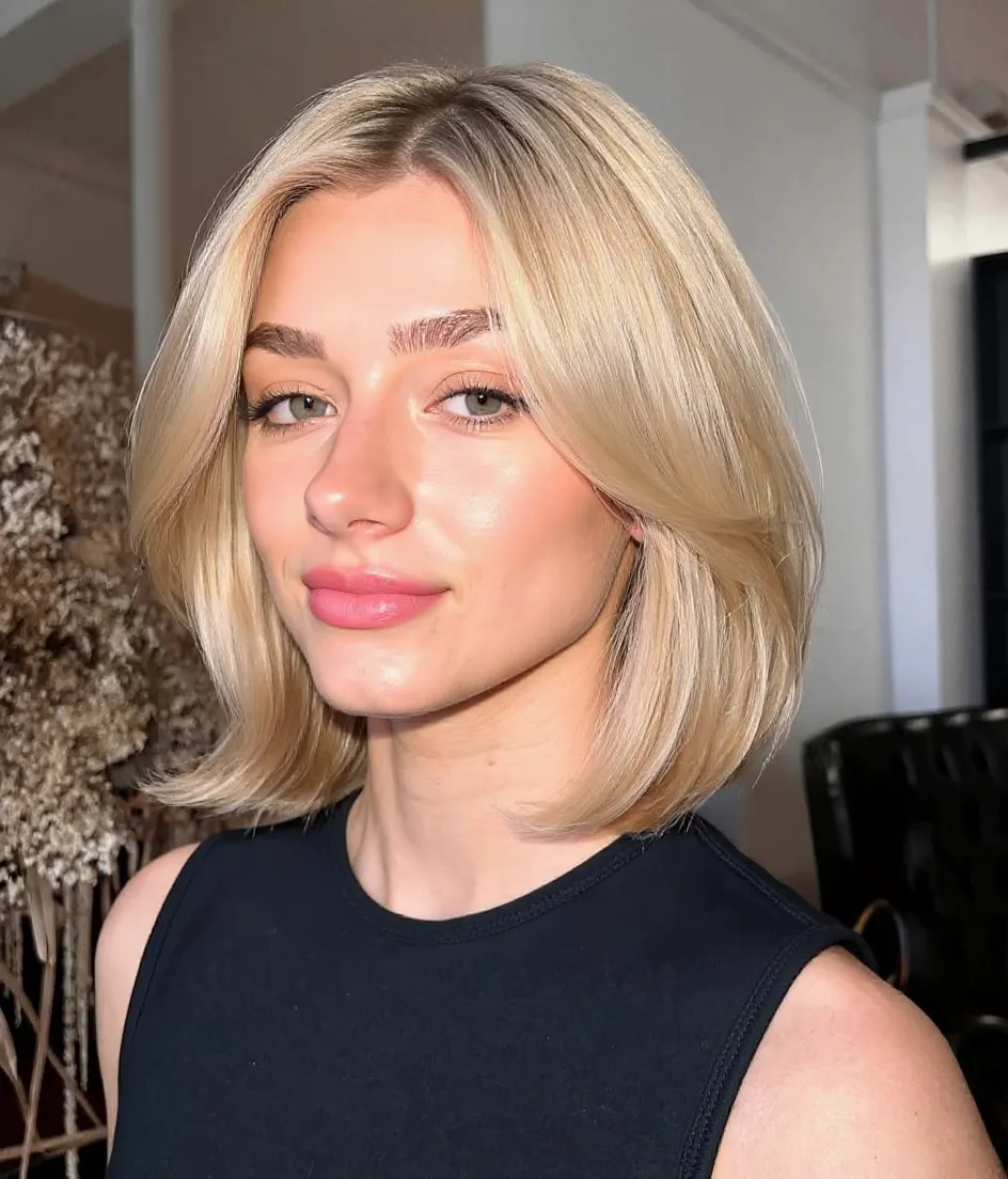 Straight Chin-Length Vanilla Blonde Bob with Curtain Bangs