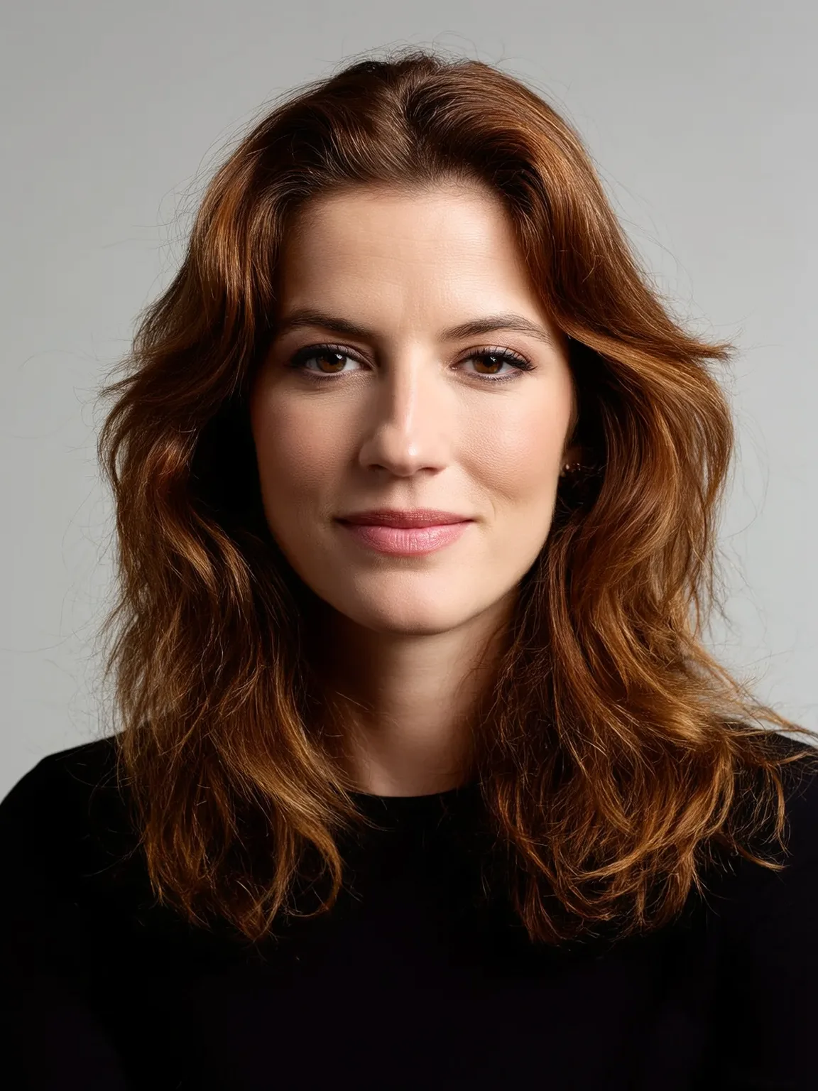 Medium Layered Cut with Warm Auburn Highlights