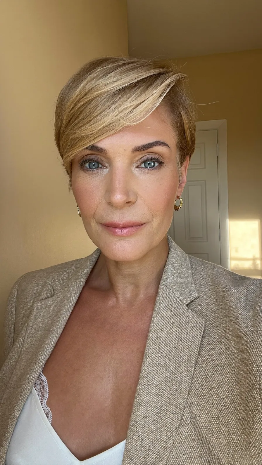 Elegant Golden Blonde Pixie Cut with Side-Swept Bangs