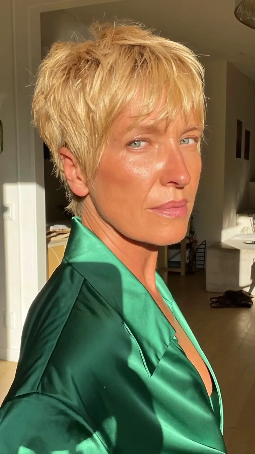 Modern Textured Pixie Cut with Warm Honey Blonde Tone