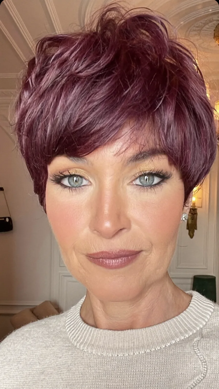 Voluminous Tousled Pixie Cut in Deep Burgundy Plum