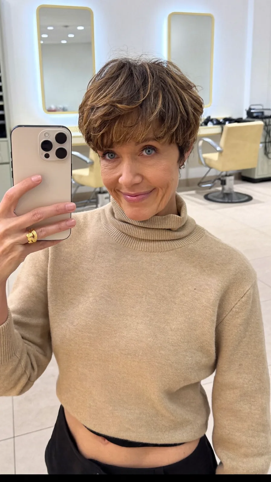 Textured Short Pixie with Warm Caramel Highlights and Side Bangs