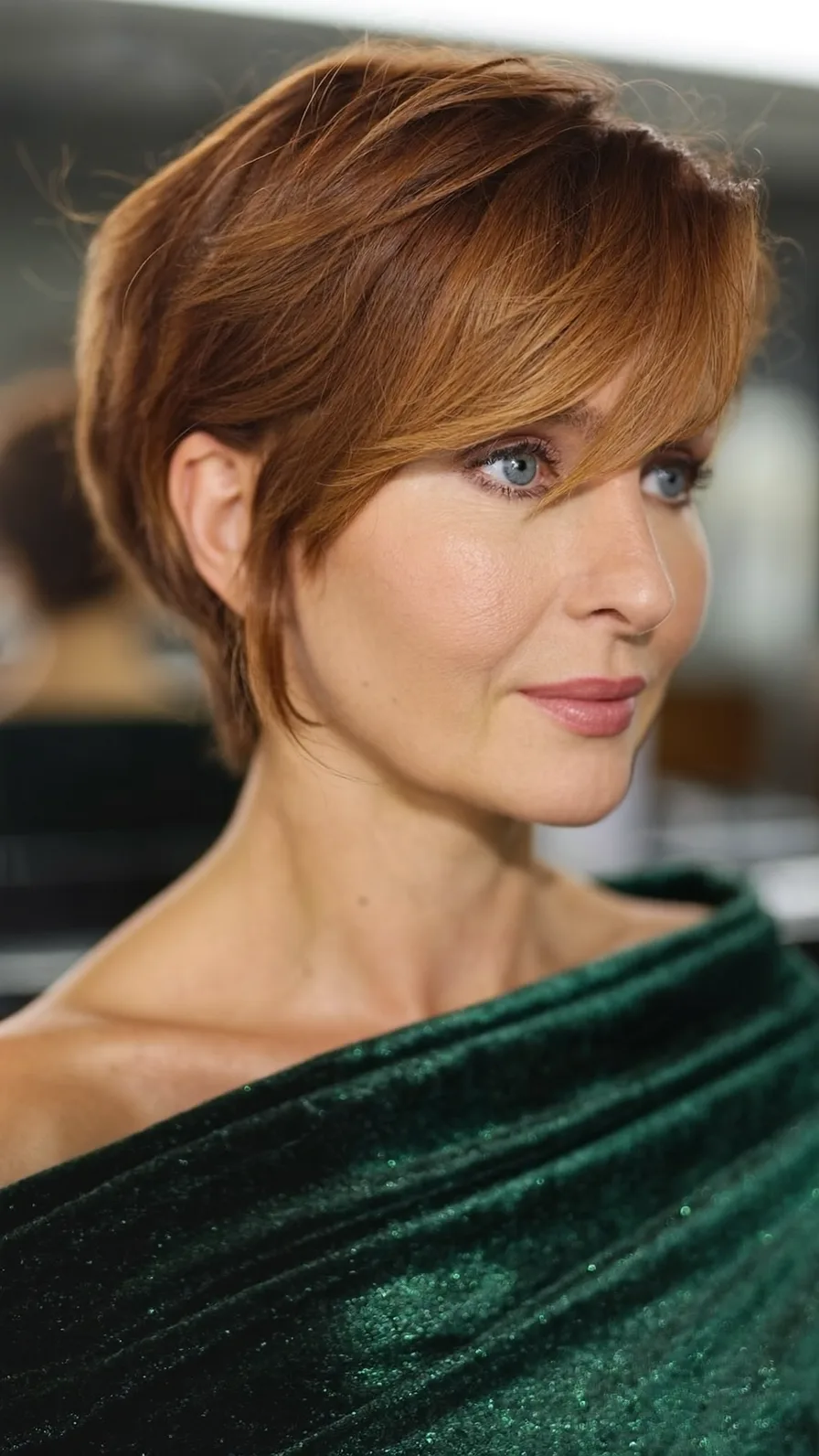 Classic Layered Short Auburn Hair with Side-Swept Bangs
