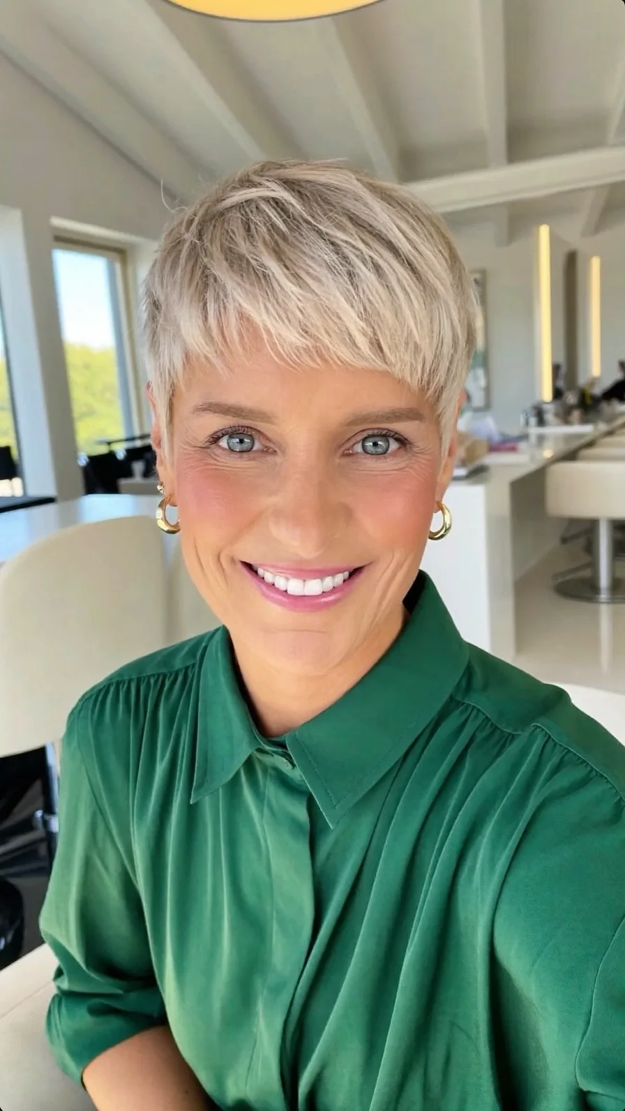 Textured Platinum Blonde Short Pixie Cut with Blunt Bangs