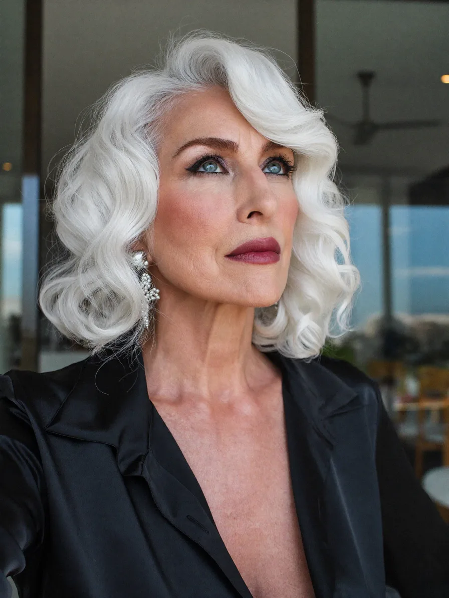 Elegant Platinum White Wavy Bob with Side-Swept Bangs