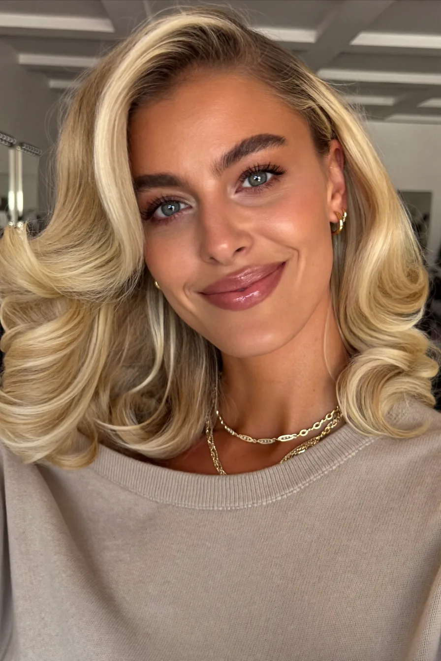 Elegant Shoulder-Length Platinum Blonde Hair with Soft Layered Curls