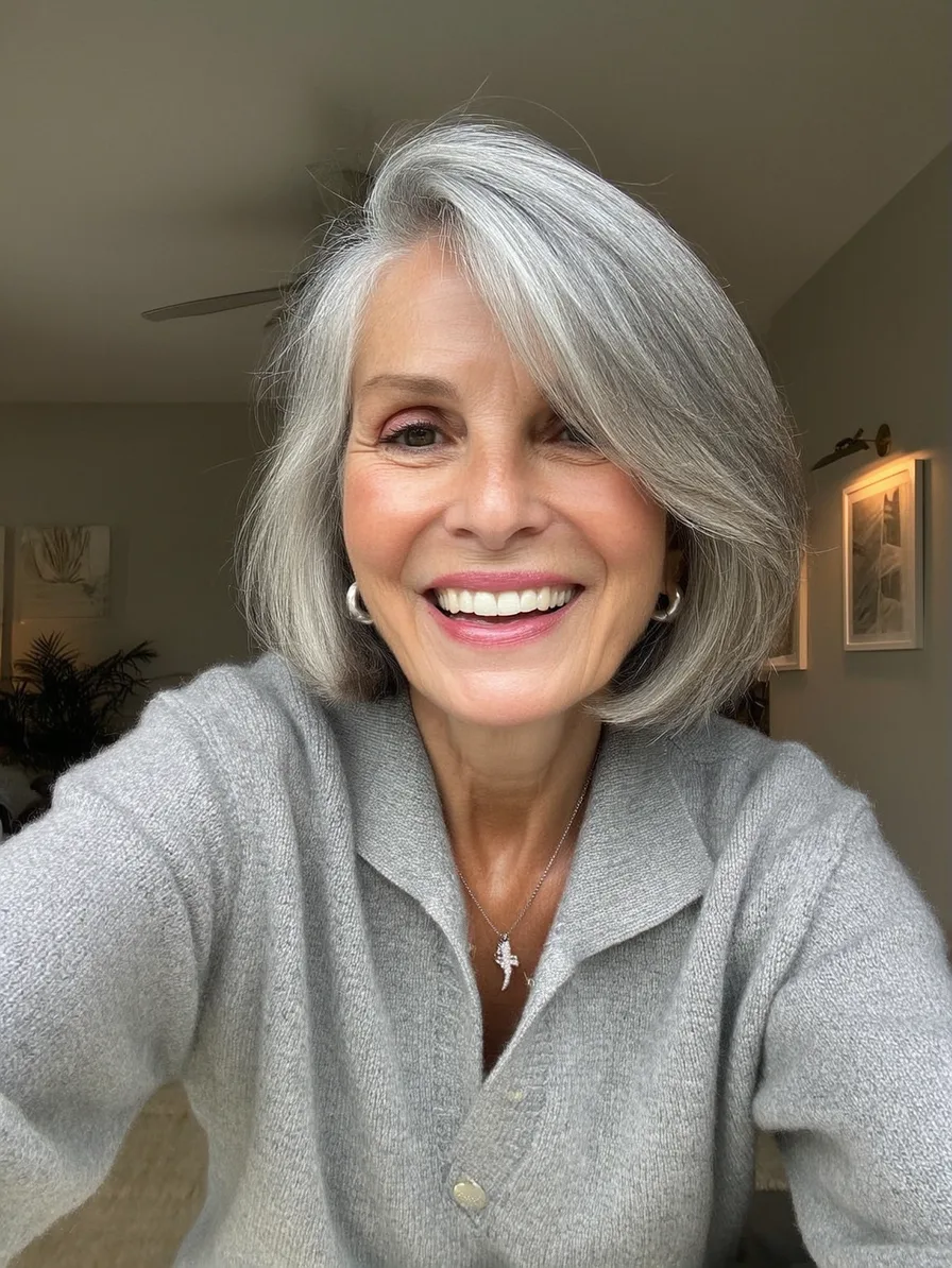 Elegant Chin-Length Silver Bob With Soft Side-Swept Bangs