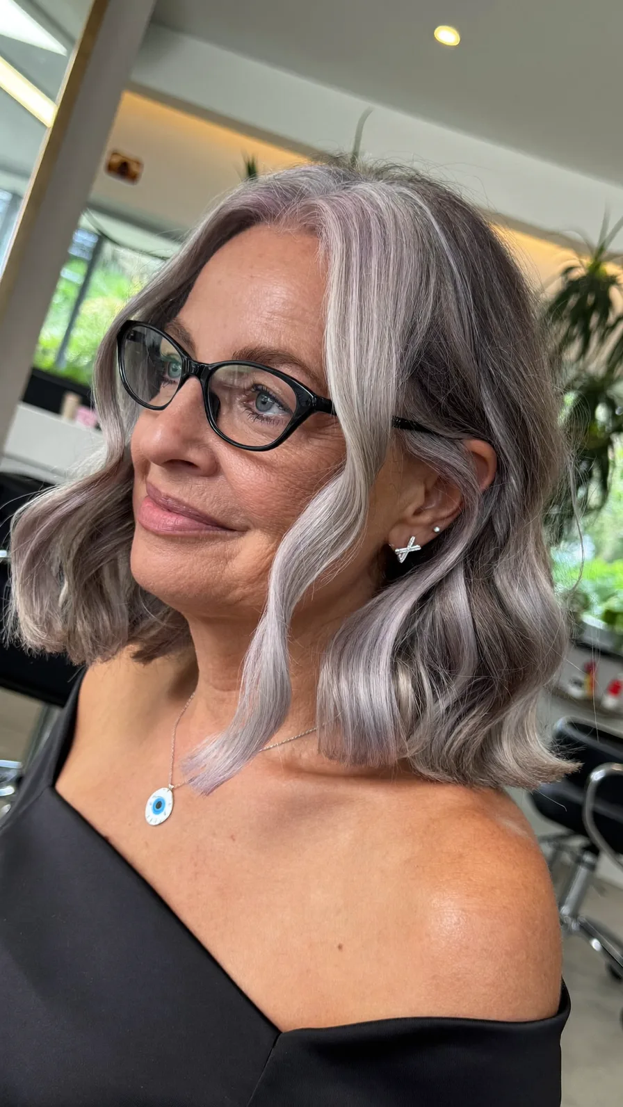 Chic Cool-Toned Silver Gray Lob with Soft Curtain Bangs