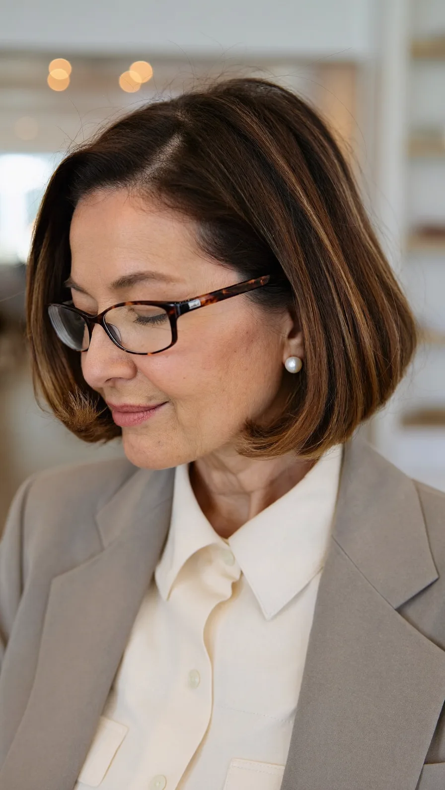 Sophisticated Chin-Length Bob with Subtle Caramel Highlights