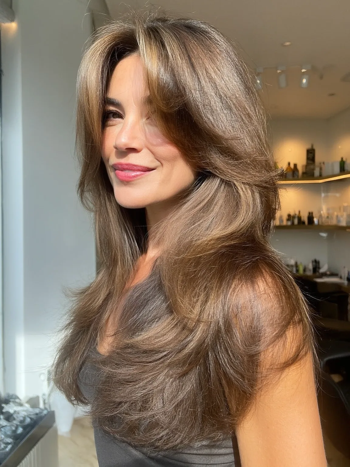 Long Voluminous Layers with Warm Caramel Highlights