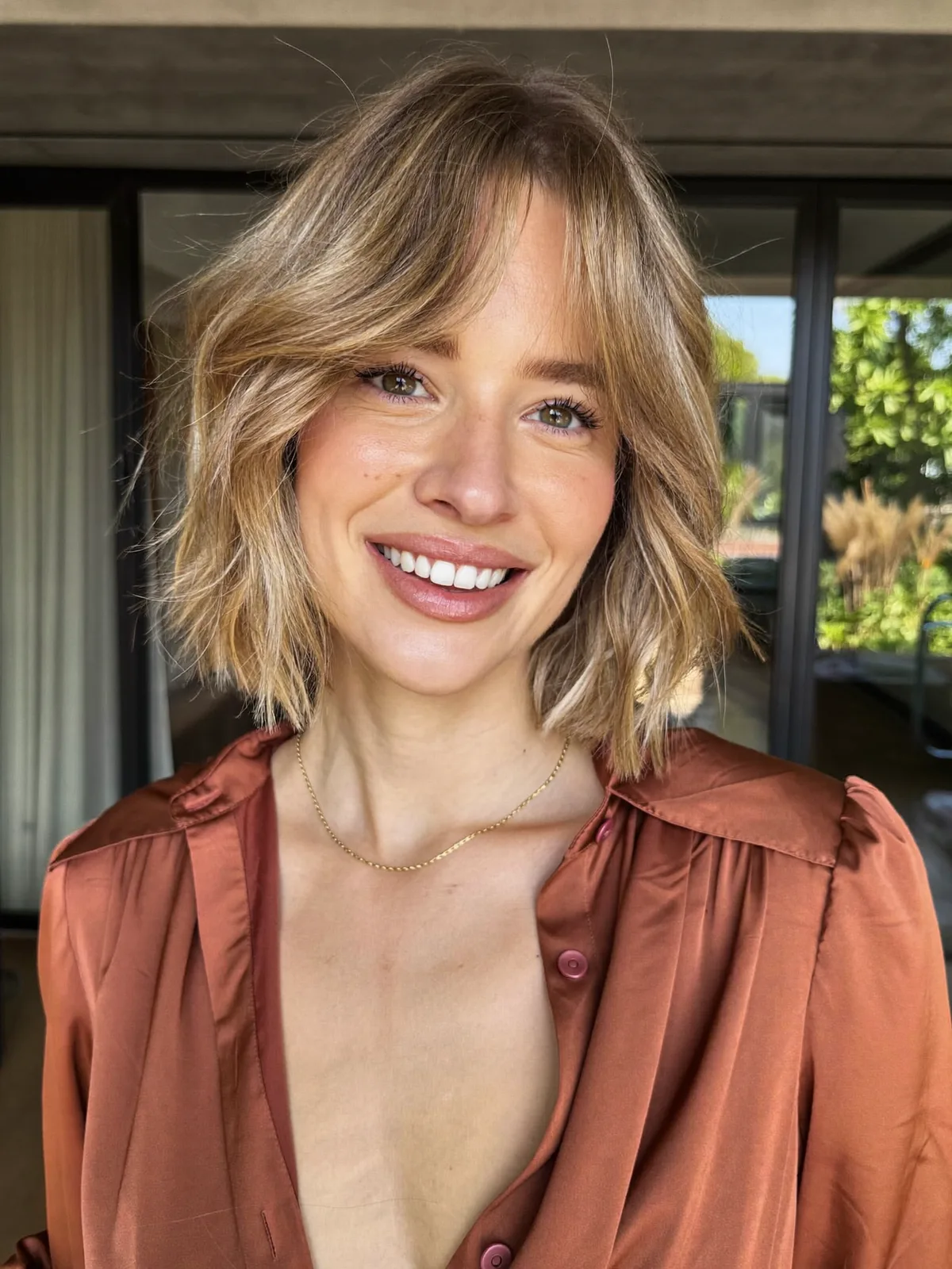 Soft Blonde Balayage Textured Bob With Curtain Bangs