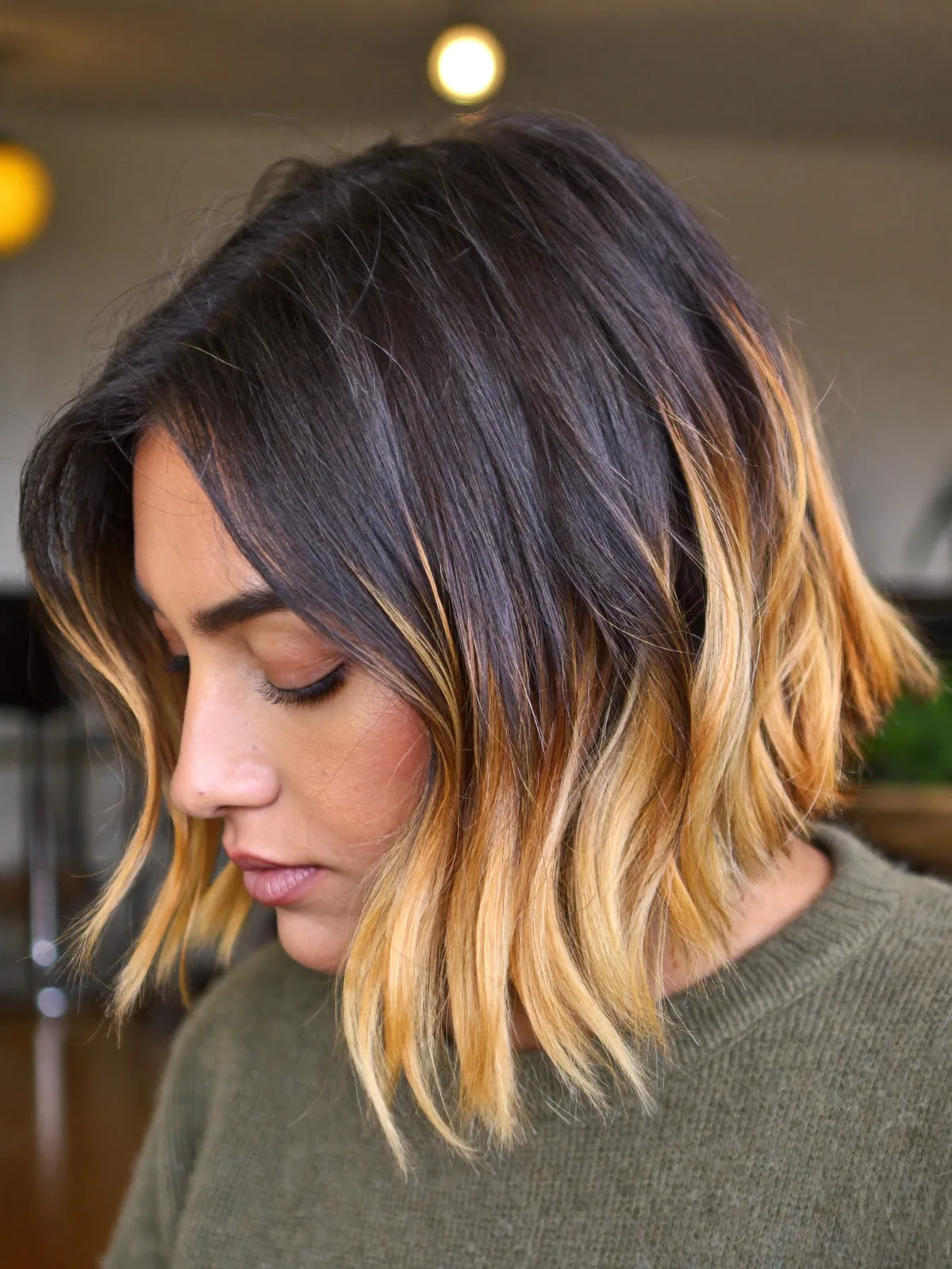 Rooted Dark-to-Blonde Balayage Textured Bob with Soft Waves