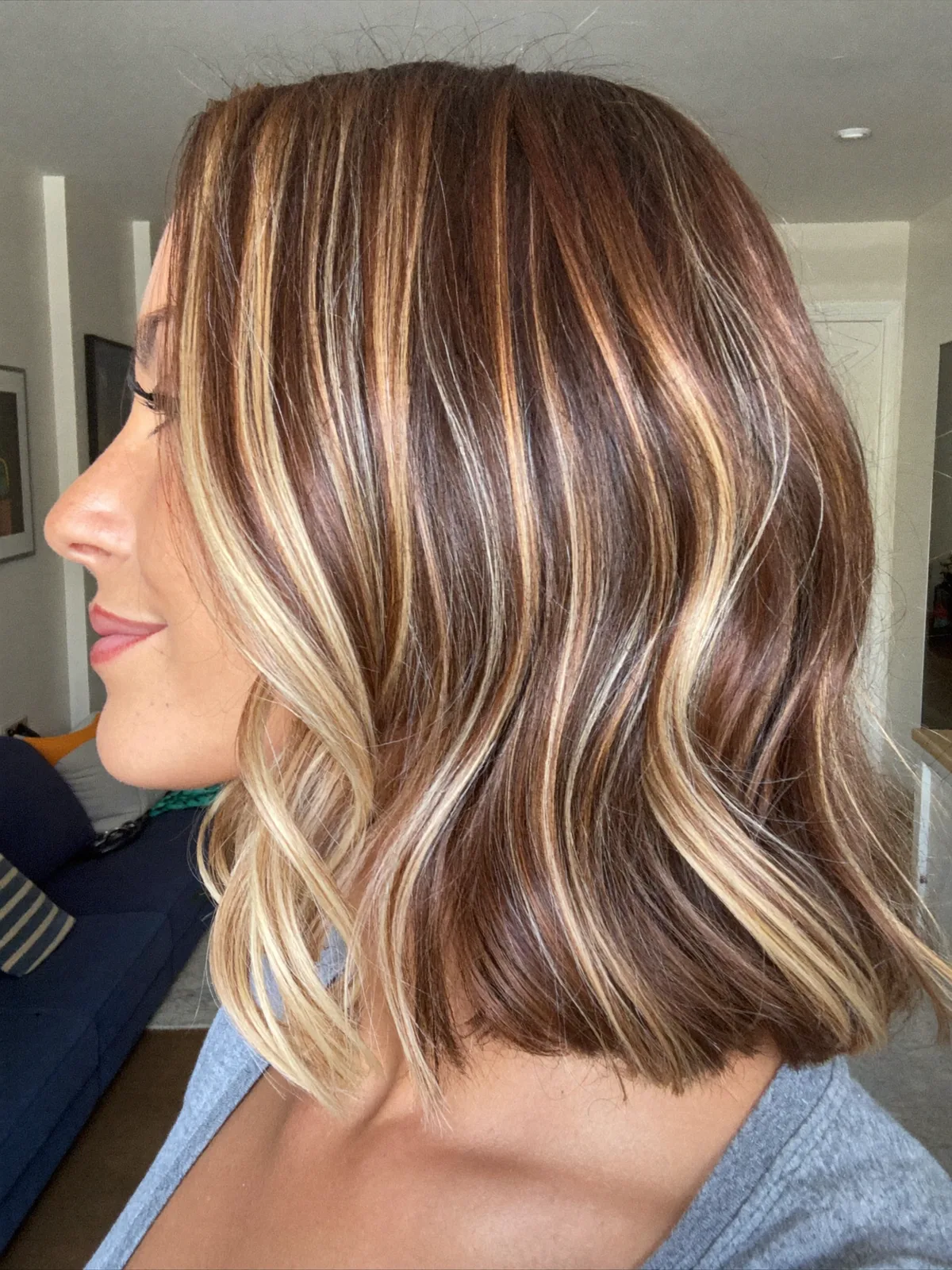Dimensional Caramel Highlights on Soft Textured Blunt Bob Cut
