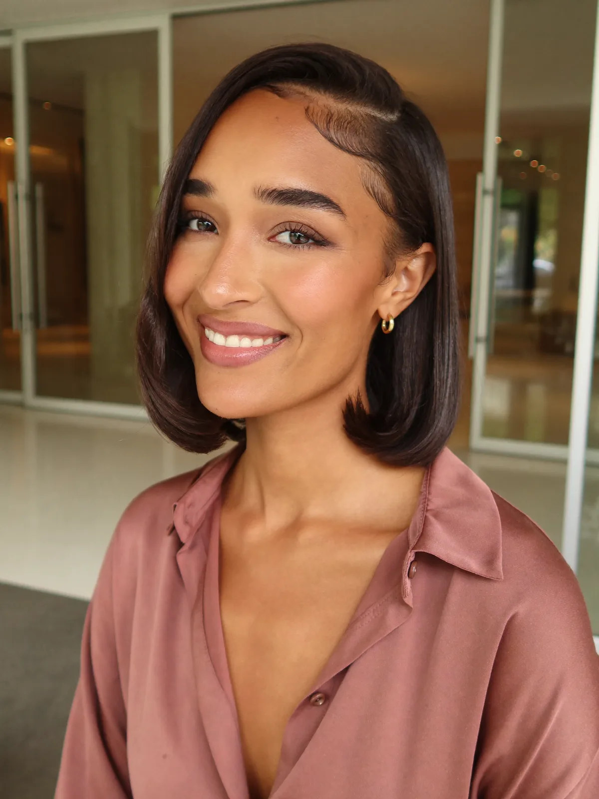 Glossy Dark Chocolate Classic Blunt Bob with Deep Side Part