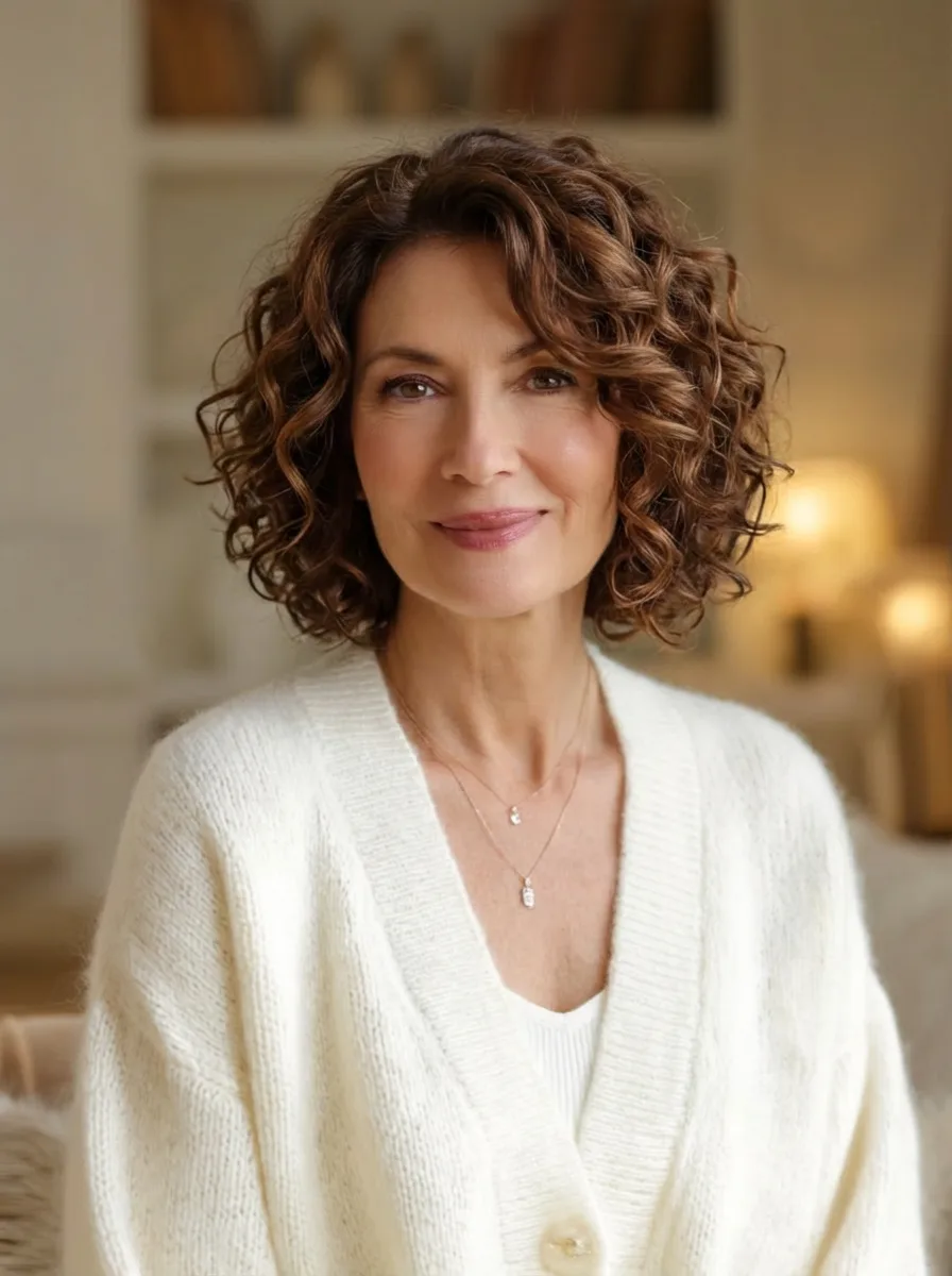 Voluminous Curly Bob in Warm Caramel Brown