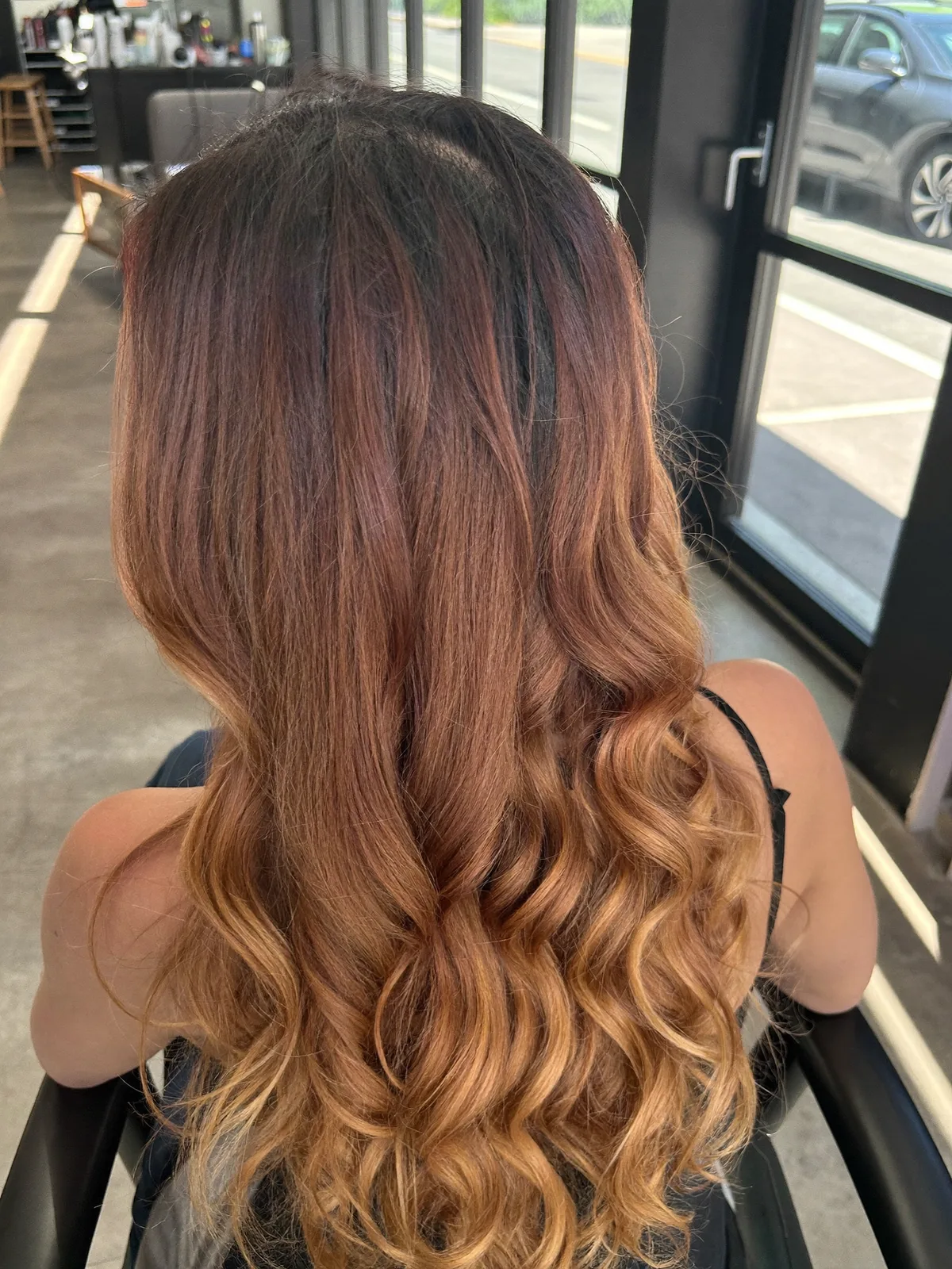 Warm Caramel Brown Ombre Waves with Soft Balayage Blend