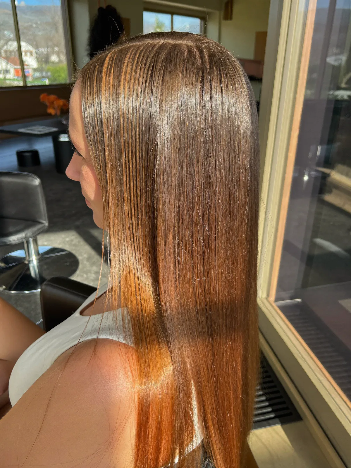 Sleek Warm Caramel Brown Straight Hair with Subtle Highlights