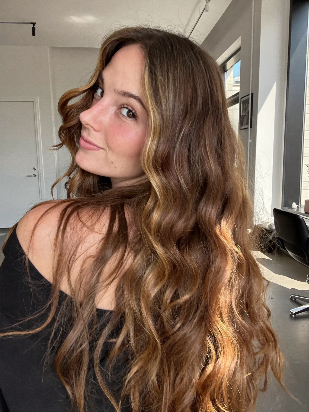 Radiant Long Waves with Sun-Kissed Warm Caramel Brown Highlights