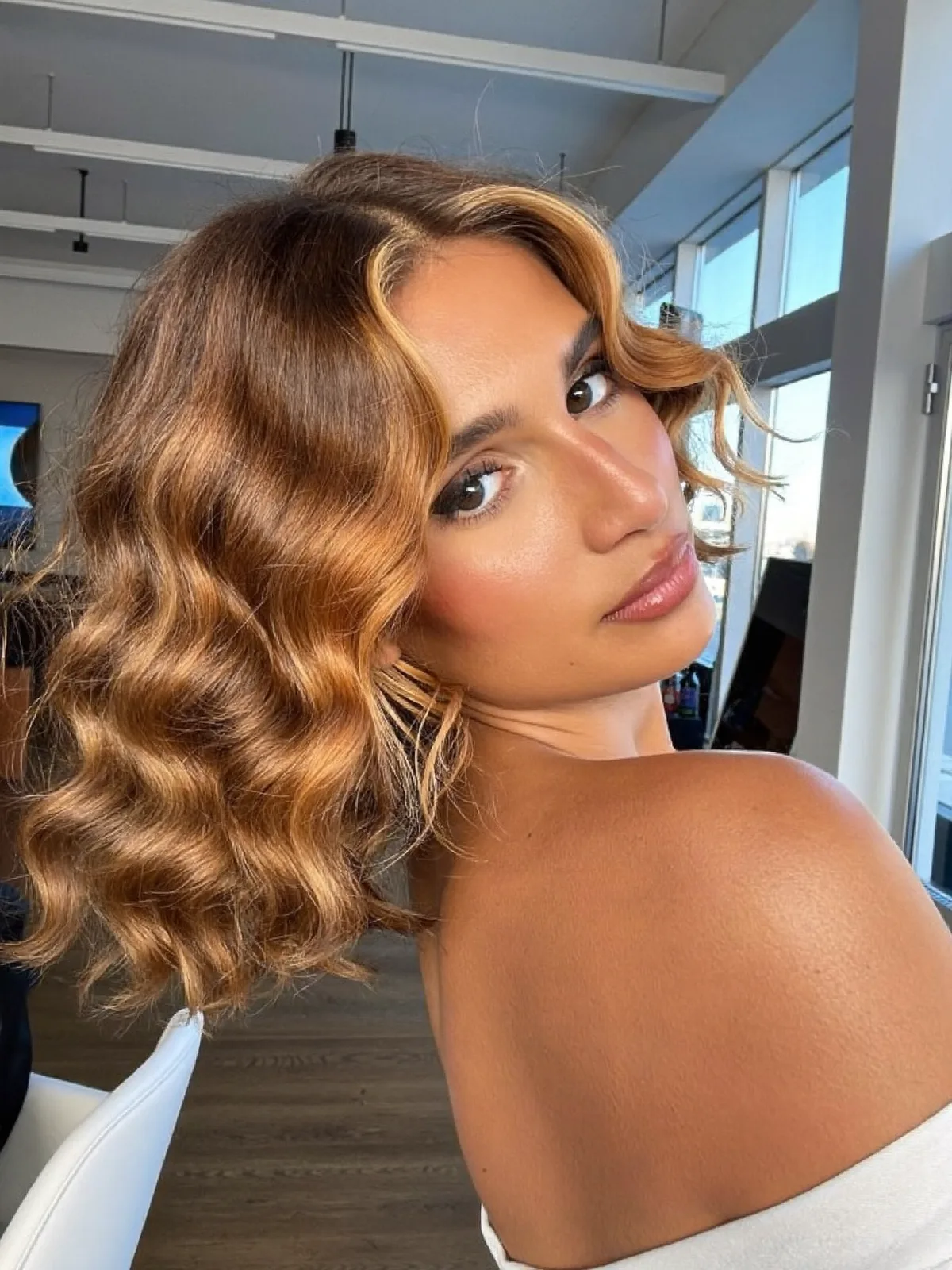 Glossy Finger Waves in Warm Caramel Brown for Medium Hair