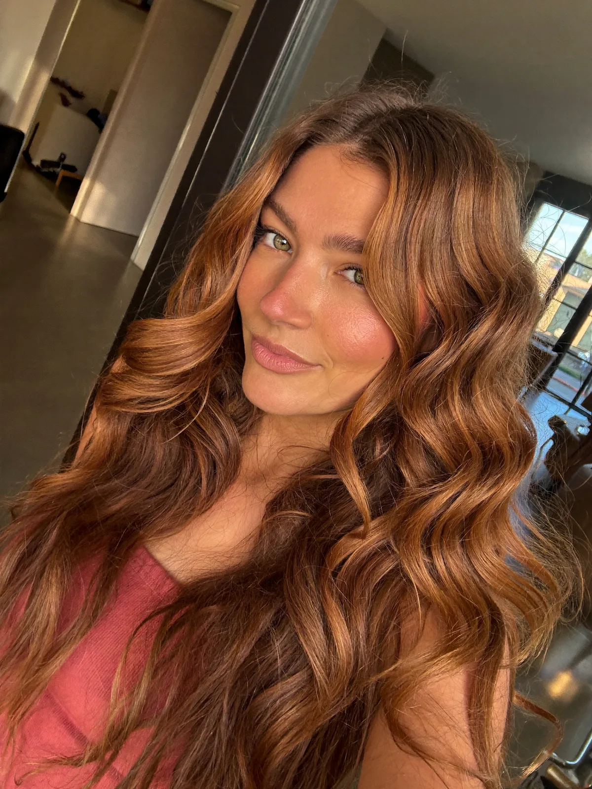 Romantic Loose Waves with Rich Warm Caramel Brown Balayage