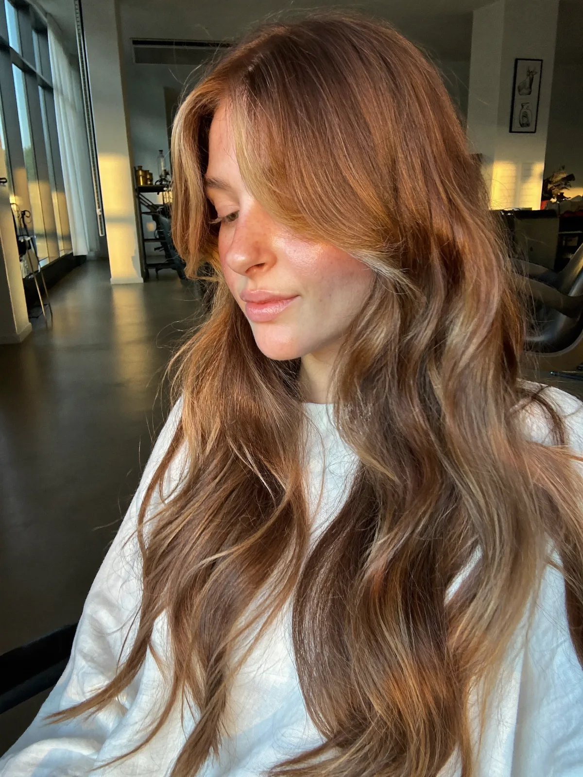 Long Layered Waves with Warm Caramel Brown Balayage Highlights