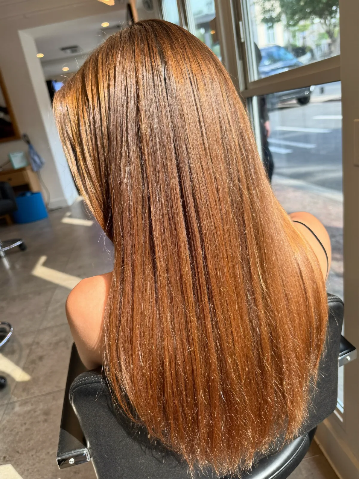 Sleek Straight Layers with Warm Caramel Brown Shine Finish