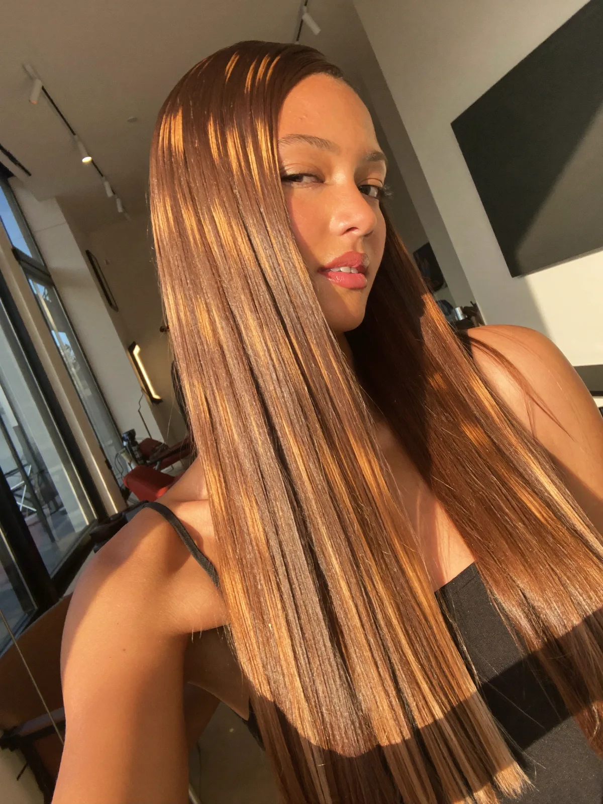 Sleek Straight Warm Caramel Brown with Sun-Kissed Highlights