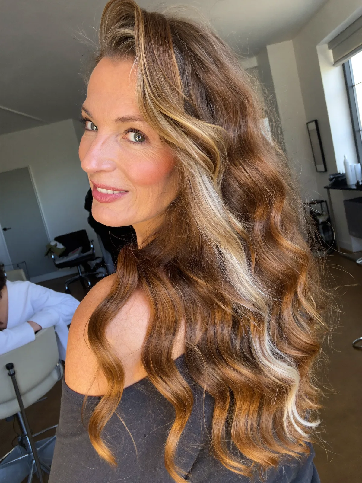 Soft Beachy Waves in Dimensional Warm Caramel Brown with Blonde Highlights