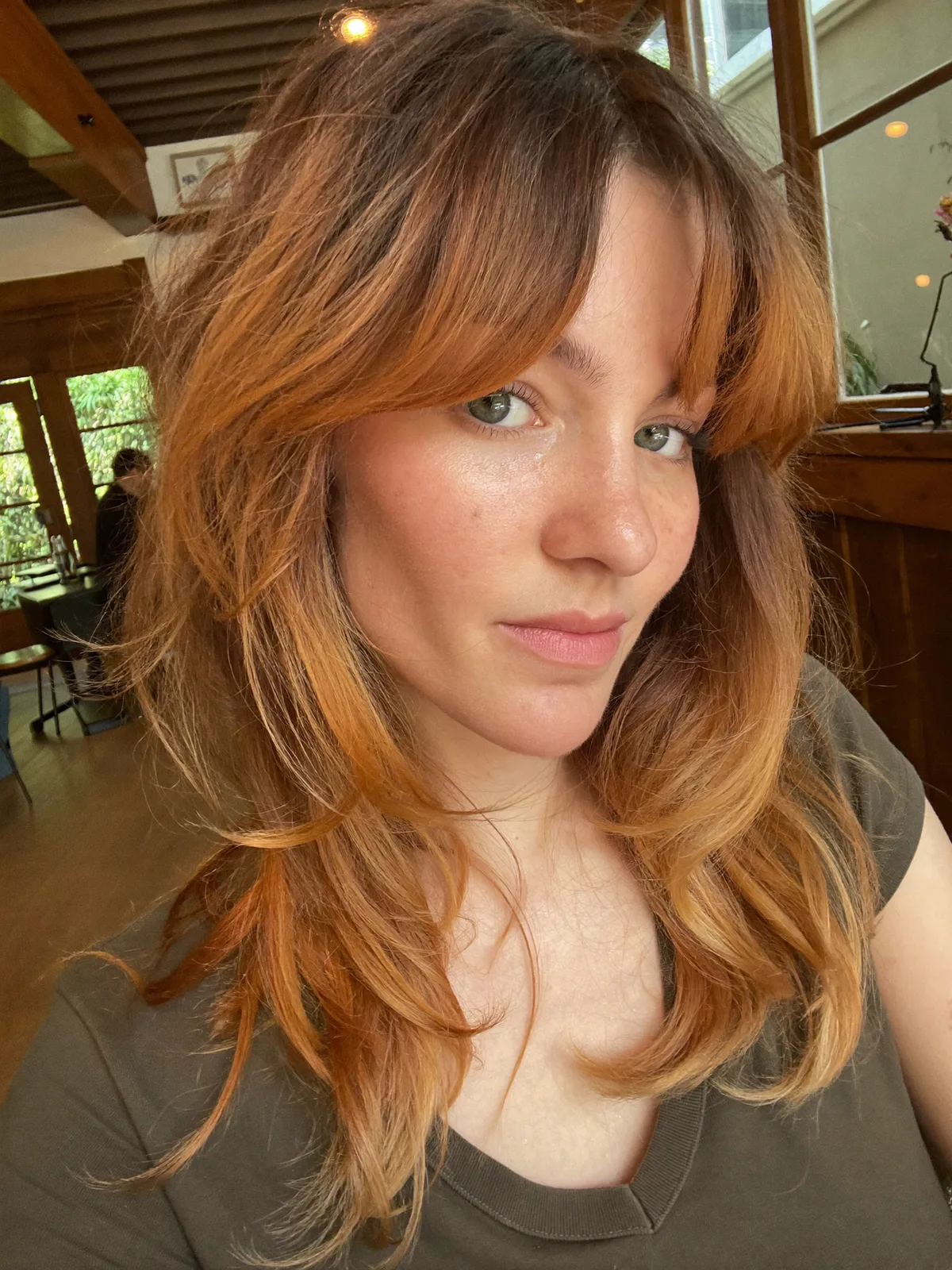 Effortless Layered Shag with Warm Caramel Brown Balayage Highlights