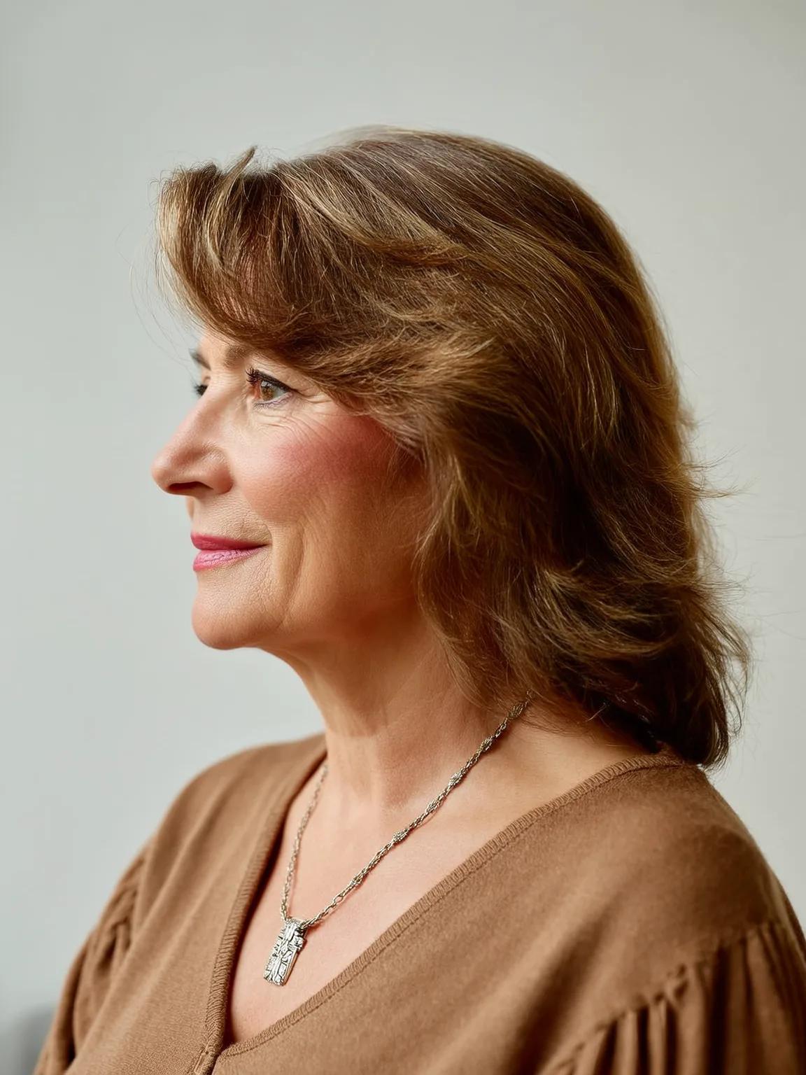 Medium-Length Wavy Layers with Side-Swept Bangs