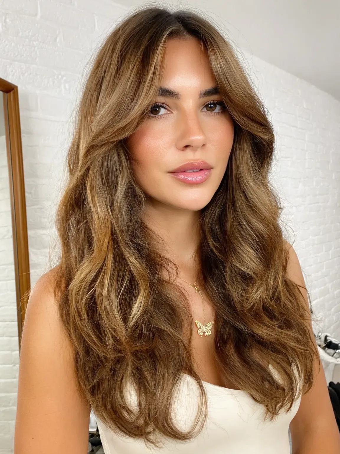 Long Layered Cut with Warm Caramel Balayage