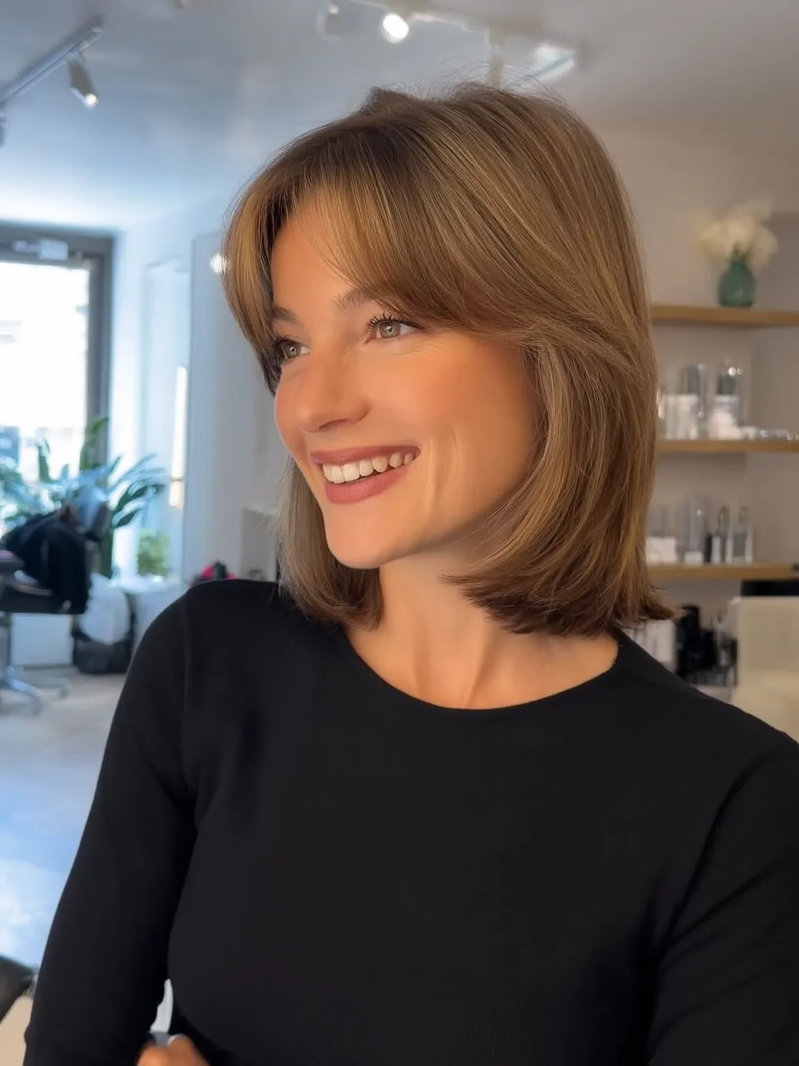 Chin-Length Bob with Curtain Bangs in Warm Caramel Brown