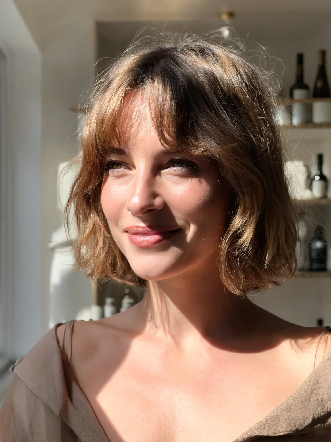 Chin-Length Bob with Warm Caramel Brown Waves