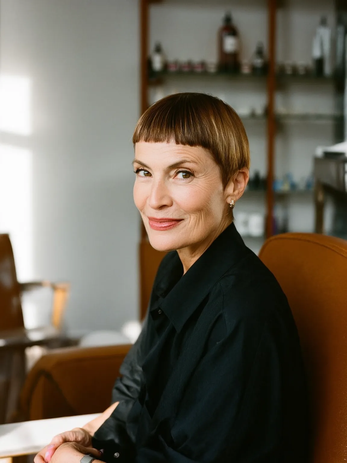 Blunt Pixie Cut with Warm Caramel Brown Hue