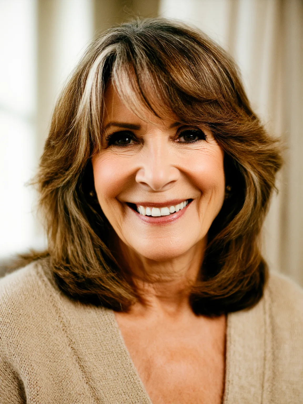 Feathered Shoulder-Length Cut in Warm Caramel Brown