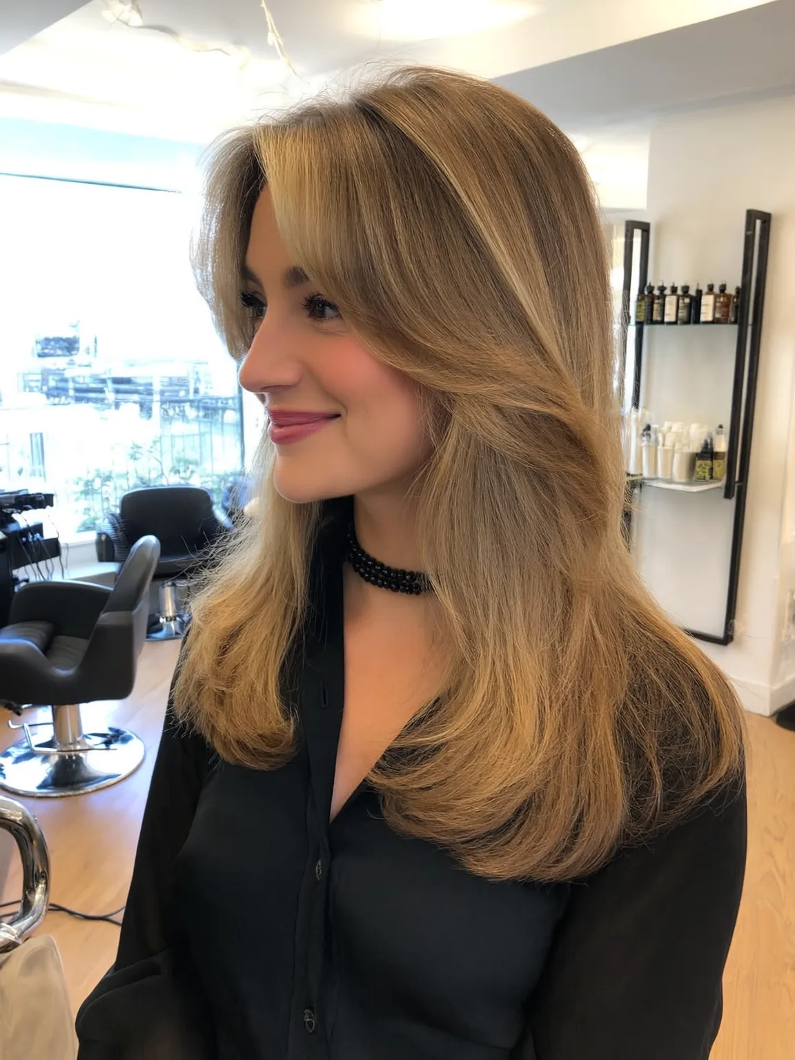 Long Wavy Layers with Curtain Bangs in Warm Caramel Blonde
