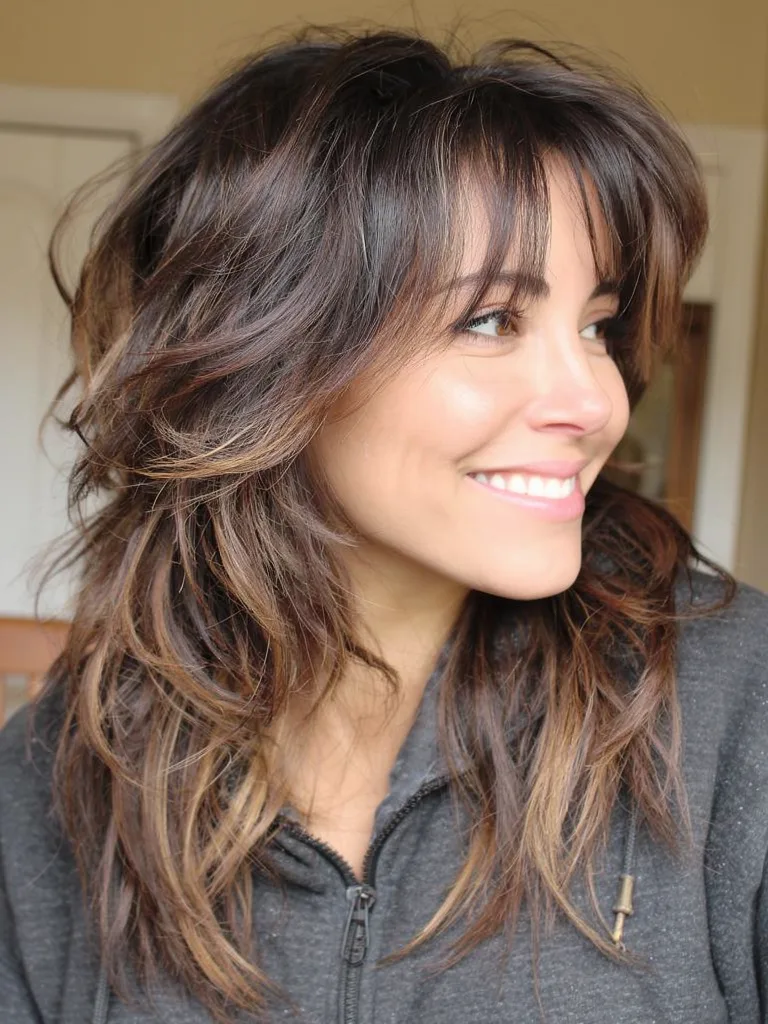 Medium-Length Wavy Shag with Wispy Bangs and Sun-Kissed Highlights