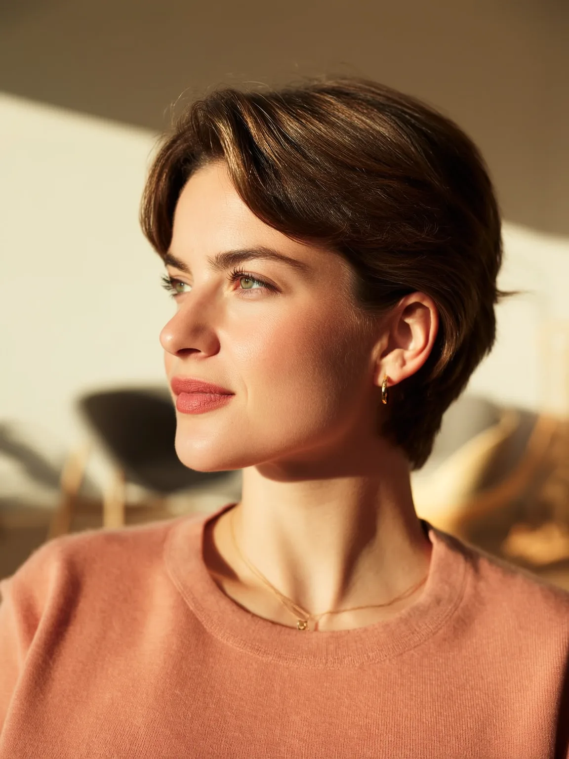 Short Straight Pixie with Side-Swept Bangs in Warm Caramel Brown