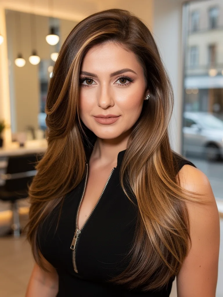 Long Straight Layers with Honey Caramel Highlights and No Bangs