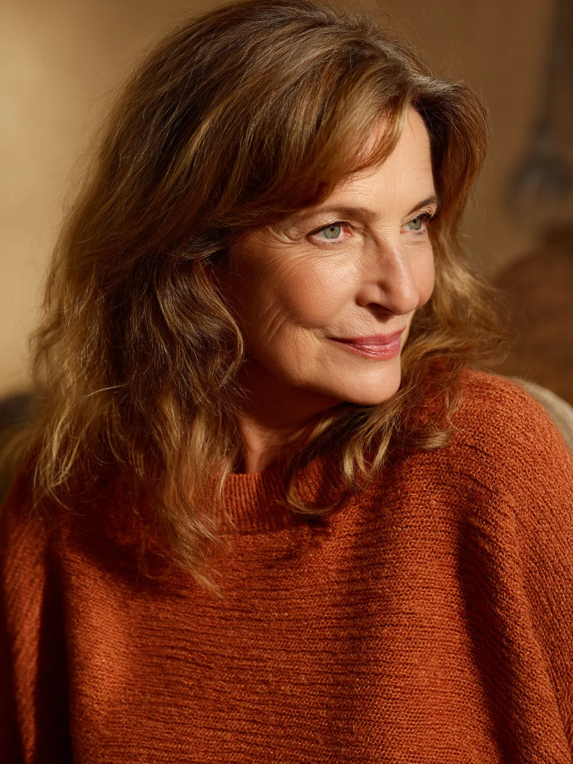 Wavy Side-Swept Layers in Warm Caramel Brown