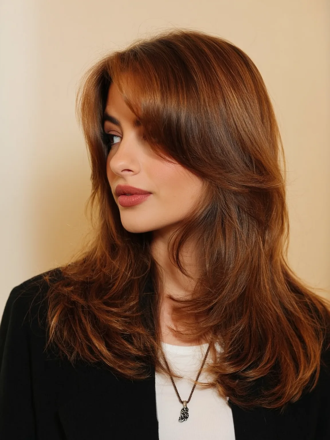 Voluminous Wavy Layers with Long Bangs