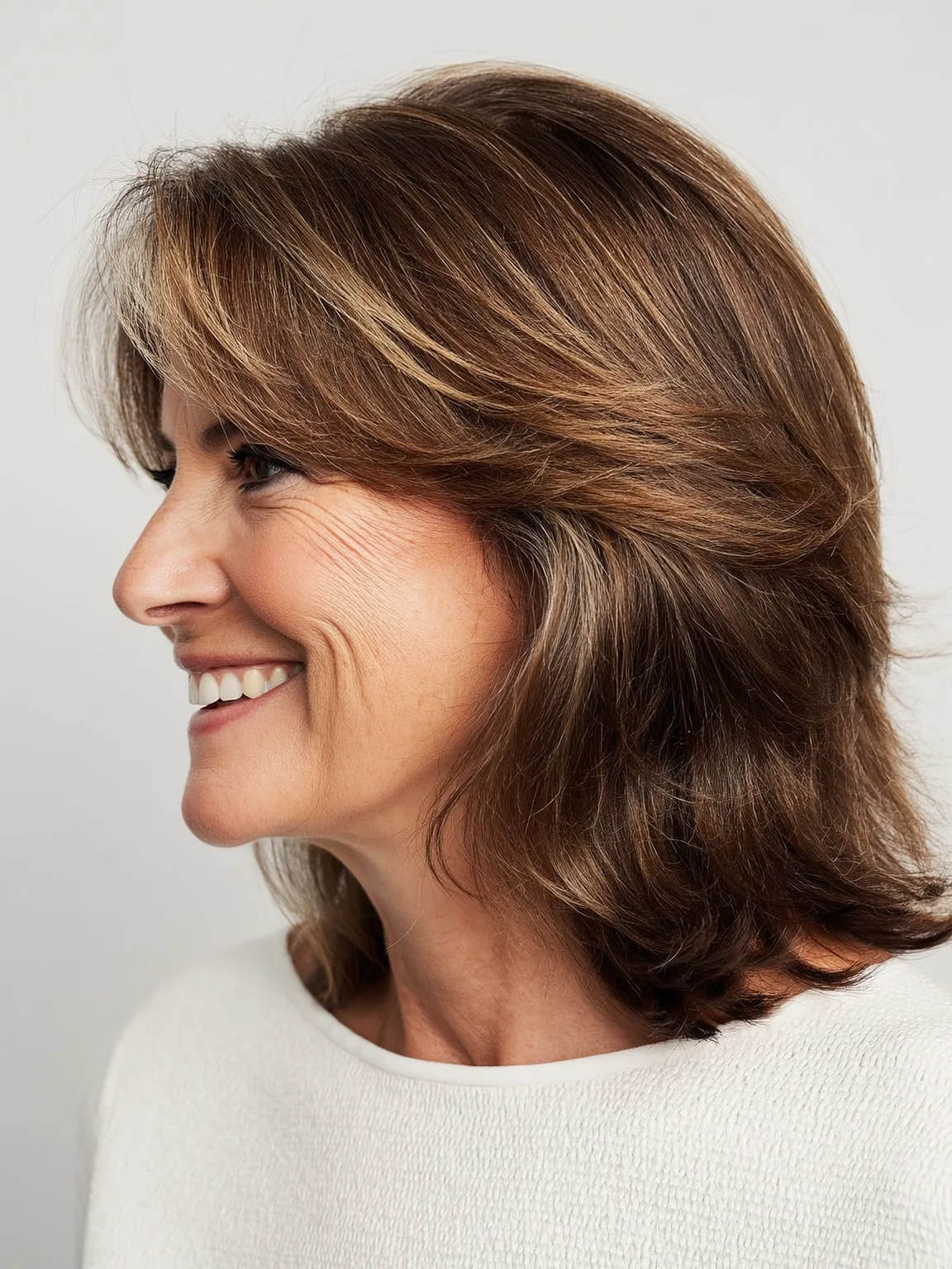 Shoulder-Length Wavy Layers with Warm Caramel Highlights