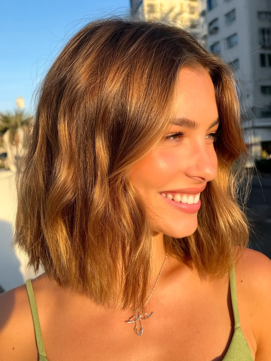 Medium Wavy Lob with Warm Caramel Balayage