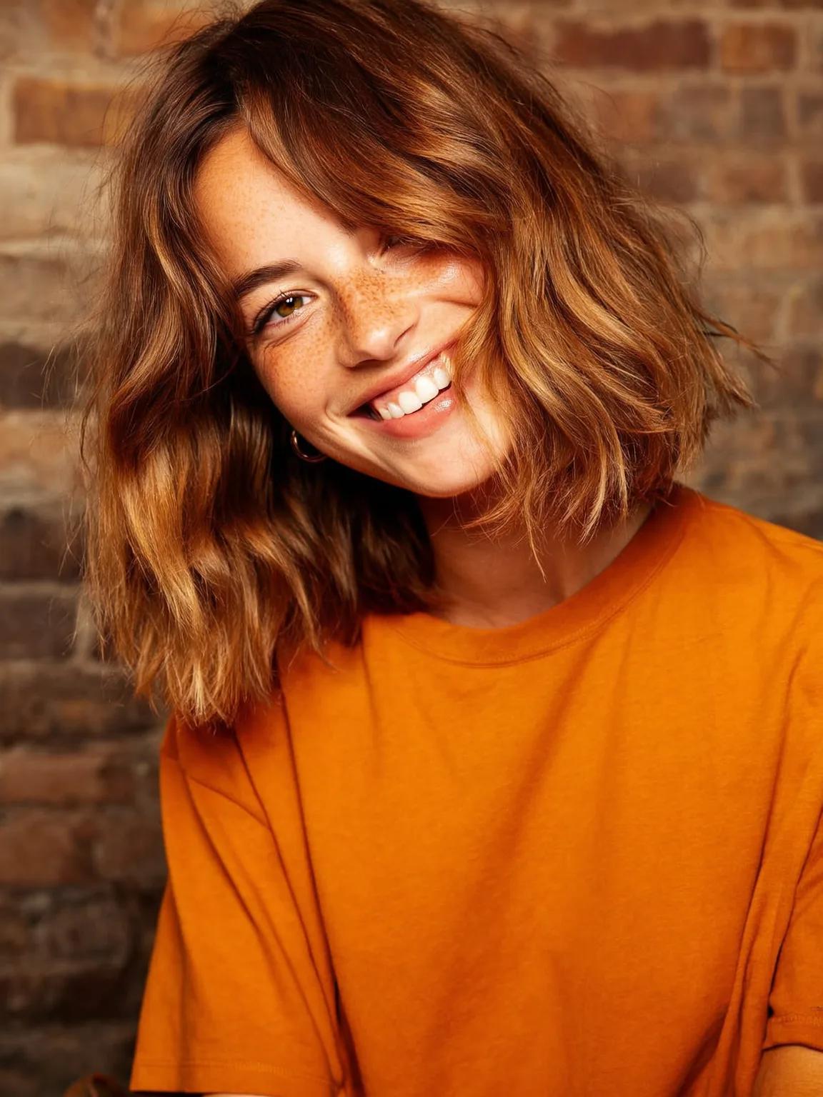 Medium Wavy Lob with Curtain Bangs in Caramel Brown