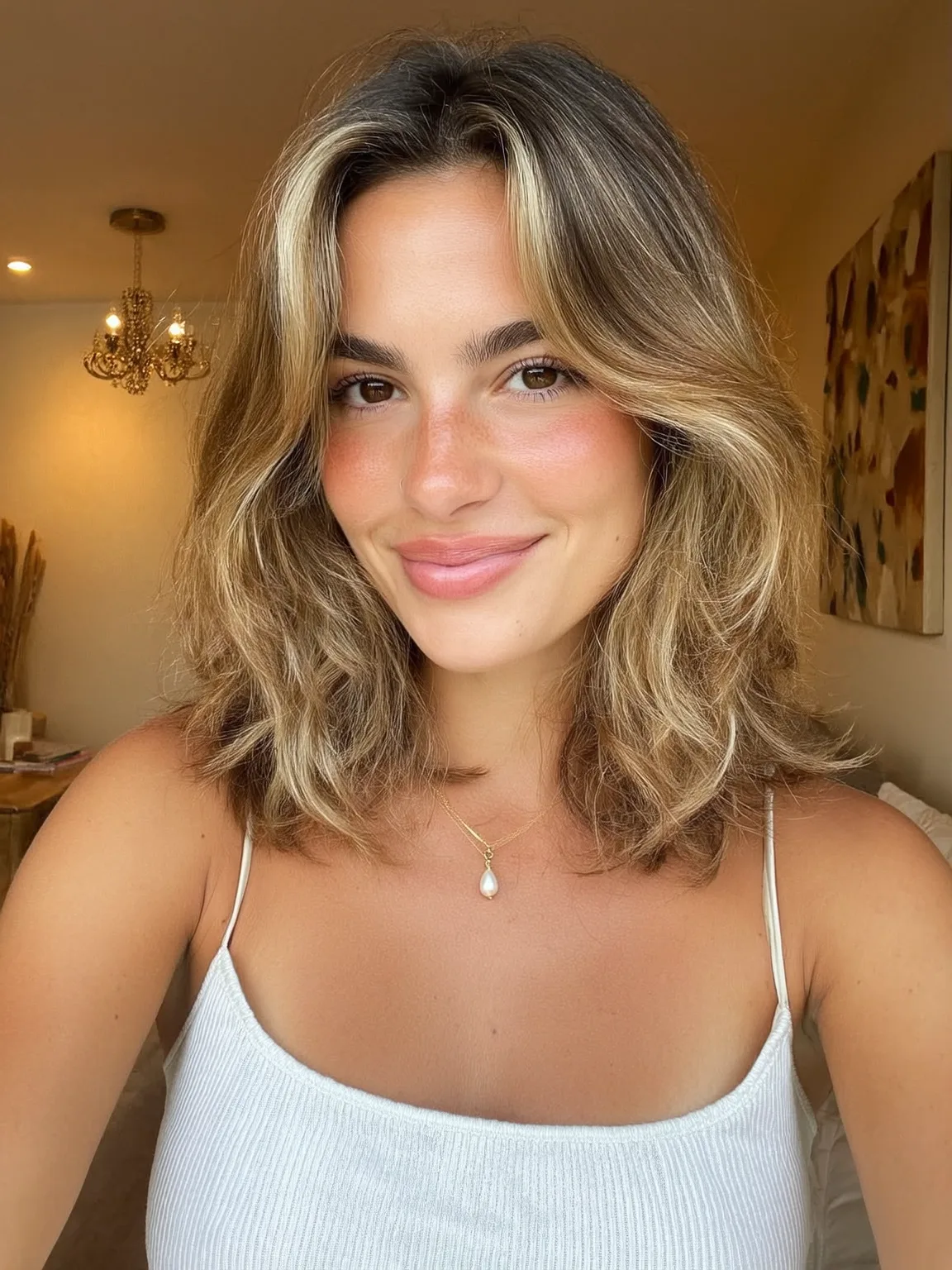 Wavy Ash Blonde Balayage Layers with Curtain Bangs