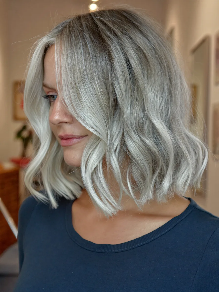 Chin-Length Platinum Bob with Flowing Curtain Bangs