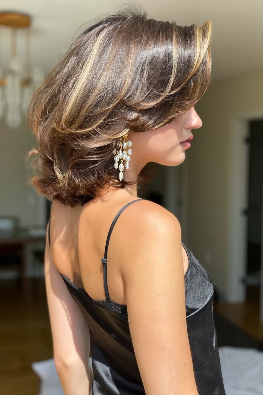 Elegant Layered Bob with Warm Balayage and Side-Swept Bangs