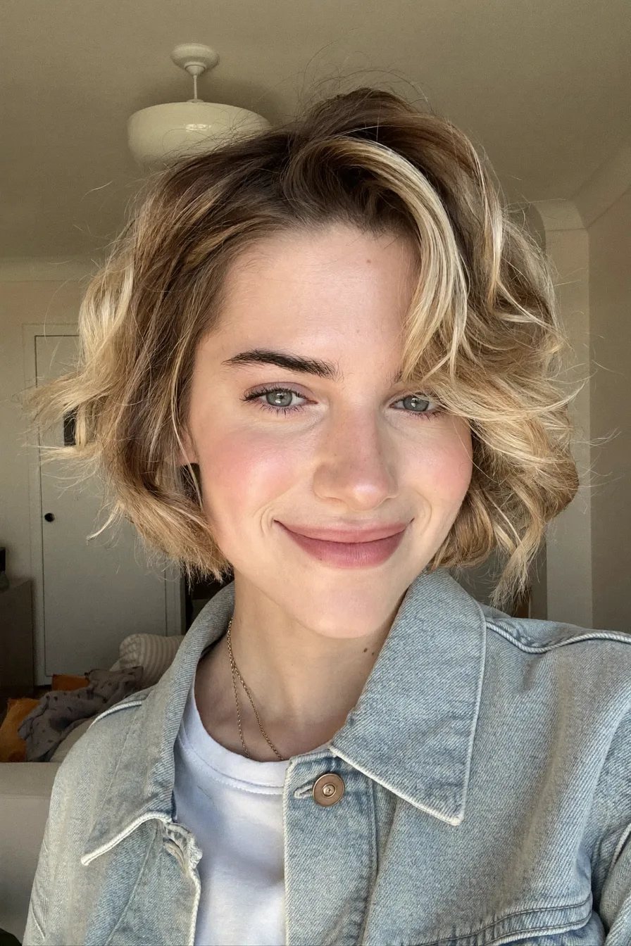 Voluminous Wavy Bob with Side-Swept Balayage Layers