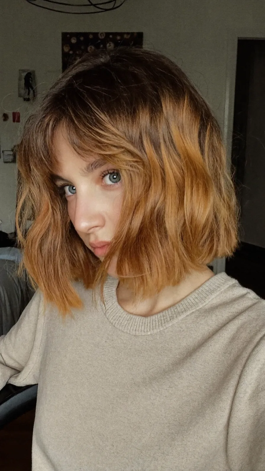 Modern Textured Bob with Ombre Curtain Bangs and Choppy Ends