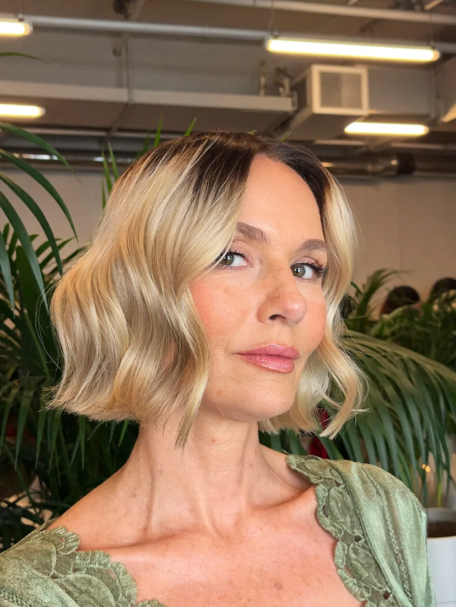 Chin-Length Classic Bob with Wavy Honey Blonde Balayage